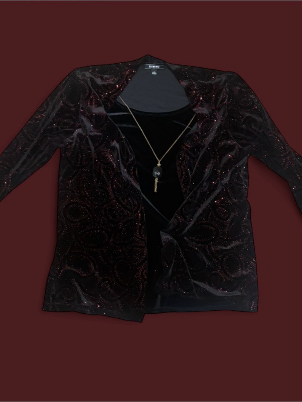 Elementz Black Sparkle Open-Front Velvet Jacket